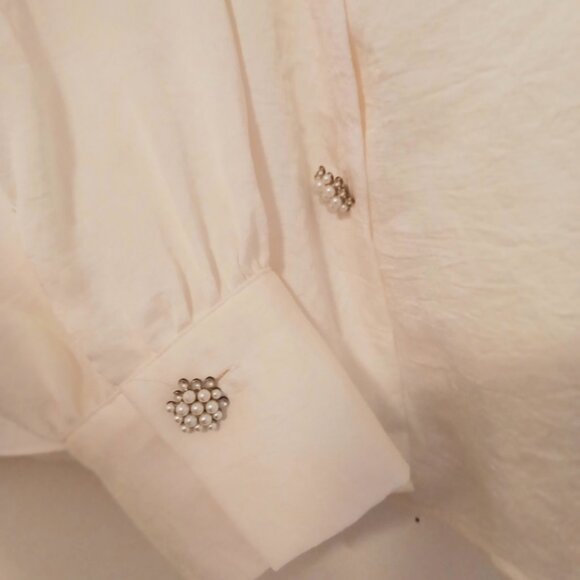 Zara Medium Cream Tie Neck Blouse W/ Decorative Buttons of Clustered Pearl Beads - Picture 9 of 15